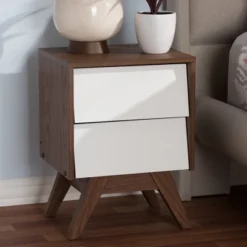 Hildon Mid - Century Modern Wood 2 - Drawer Storage Nightstand - White, "Walnut" Brown - Baxton Studio -Outlet Baxton Studio Store GUEST 909c1af6 2df8 4ad3 a025 b85462fc53c4
