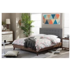 Alinia Mid-Century Retro Modern Fabric Upholstered Walnut Wood Platform Bed - Queen - Baxton Studio -Outlet Baxton Studio Store GUEST 934bcc67 4dd0 474e 9a6a 5ed5843e3783