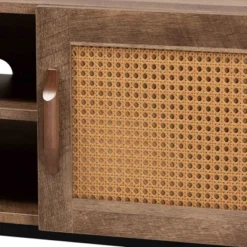 Veanna Bohemian Natural Wood And Metal 2 Door Synthetic Rattan TV Stand For TVs Up To 40" Brown/Black - Baxton Studio -Outlet Baxton Studio Store GUEST 95120bf1 3c41 48cd 8540 f92799ebc80a