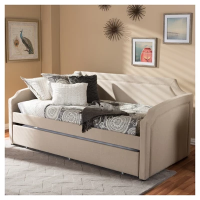 Parkson Modern And Contemporary Linen Fabric Curved Notched Corners Sofa Daybed With Roll - Out Trundle Guest Bed - Twin - Baxton Studio 6 Parkson Modern And Contemporary Linen Fabric Curved Notched Corners Sofa Daybed With Roll - Out Trundle Guest Bed - Twin - Baxton Studio - Image 6