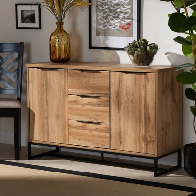 Reid Wood & Metal 3 Drawer Sideboard Buffet Oak/Black - Baxton Studio 6 Reid Wood & Metal 3 Drawer Sideboard Buffet Oak/Black - Baxton Studio - Image 6