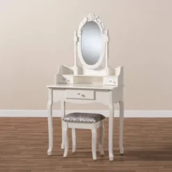 2pc Veronique White Finished Wood Vanity Table With Mirror And Ottoman White - Baxton Studio -Outlet Baxton Studio Store GUEST 9de0152d 3774 4a54 9546 3c1b96daaf3d