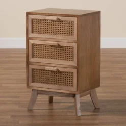 Baden Wood With Rattan 3 Drawer Nightstand Walnut Brown - Baxton Studio -Outlet Baxton Studio Store GUEST 9e87e016 527e 41a9 9c03 2bb2709df11e