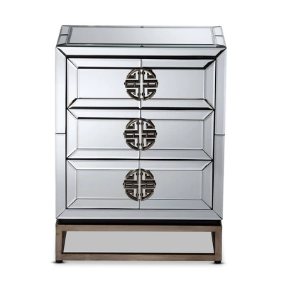 Laken 3 Drawers Mirrored Nightstand - Baxton Studio 2 Laken 3 Drawers Mirrored Nightstand - Baxton Studio - Image 2