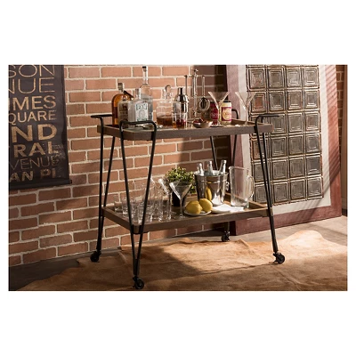 Jessica Rustic Industrial Style Textured Finish Metal Distressed Ash Wood Mobile Serving Bar Cart - Black & Brown - Baxton Studio 3 Jessica Rustic Industrial Style Textured Finish Metal Distressed Ash Wood Mobile Serving Bar Cart - Black & Brown - Baxton Studio - Image 3