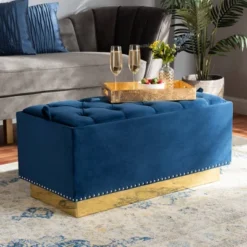 Powell Velvet Fabric Upholstered And PU Leather Ottoman Gold/Blue - Baxton Studio -Outlet Baxton Studio Store GUEST a432f300 1d49 4004 99de 0ccd7a46a32e