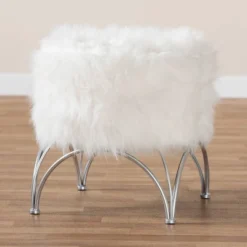 Celia Faux Fur Upholstered Silver Metal Ottoman White/Silver - Baxton Studio -Outlet Baxton Studio Store GUEST a764237c 52c1 4c28 acb6 04078233bd6e