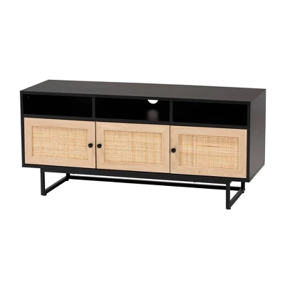 Declan Wood And Natural Rattan 3 Door TV Stand Espresso Brown/Black - Baxton Studio 3 Declan Wood And Natural Rattan 3 Door TV Stand Espresso Brown/Black - Baxton Studio - Image 3