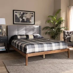 King Edmond Fabric Upholstered Wood Platform Bed Gray/Ash Walnut - Baxton Studio -Outlet Baxton Studio Store GUEST b19bb230 1a90 404e 8a9d e3ece8fca613