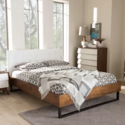King Mitchell Rustic Industrial Walnut Wood And Faux Leather Metal Platform Bed White - Baxton Studio -Outlet Baxton Studio Store GUEST b304cdf5 4d2b 4426 bae8 b9b10ecb754a