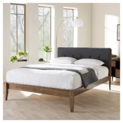Leyton Mid-Century Modern Fabric Upholstered Platform Bed Gray/Walnut Brown - Baxton Studio -Outlet Baxton Studio Store GUEST b51c0749 f1ee 4b16 a9be c191a9471892