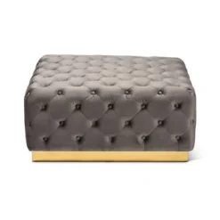 Verene Velvet Upholstered Square Cocktail Ottoman Gray/Gold - Baxton Studio