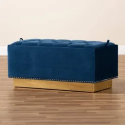 Powell Velvet Fabric Upholstered And PU Leather Ottoman Gold/Blue - Baxton Studio -Outlet Baxton Studio Store GUEST b69f61c9 d729 4bd1 8a70 39f3aa535766