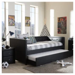 Frank Modern And Contemporary Faux Leather Button - Tufting Sofa Daybed With Roll - Out Trundle Guest Bed - Twin - Baxton Studio -Outlet Baxton Studio Store GUEST b793ddc6 3b27 4b5b a6bd 351d78e6a03c