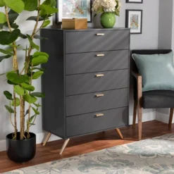 Kelson Wood 5 Drawer Chest Dark Gray/Gold - Baxton Studio -Outlet Baxton Studio Store GUEST ba7266d0 7218 4369 9ffb 827bcc1929d3