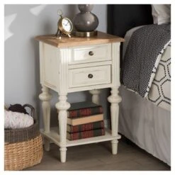 Marquetterie French Provincial Style Weathered Oak Wash Distressed Wood Finish Two - Tone 2 - Drawer And 1 - Shelf Nightstand - White - Baxton Studio -Outlet Baxton Studio Store GUEST ba81e449 1851 46bd 85a6 7ca30b521e62