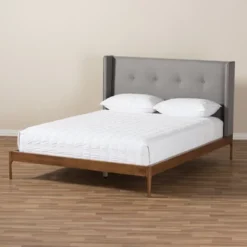 Brooklyn Mid Century Modern Walnut Wood Fabric Upholstered Platform Bed - Baxton Studio