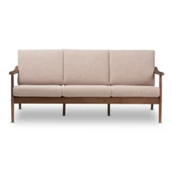 Venza Mid-Modern Walnut Wood Fabric Upholstered 3 Seater Sofa Light Brown - Baxton Studio