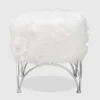 Celia Faux Fur Upholstered Silver Metal Ottoman White/Silver - Baxton Studio