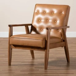 Sorrento Mid-Century Faux Leather Upholstered Wood Lounge Chair Walnut/Brown - Baxton Studio -Outlet Baxton Studio Store GUEST cab32517 0c34 40a1 b972 ea2dea9119c5