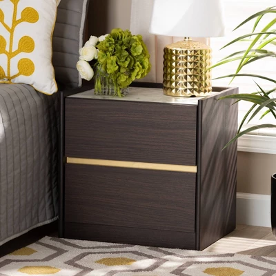 Walker Wood Nightstand With Faux Marble Top Dark Brown/Marble/Gold - Baxton Studio 4 Walker Wood Nightstand With Faux Marble Top Dark Brown/Marble/Gold - Baxton Studio - Image 4