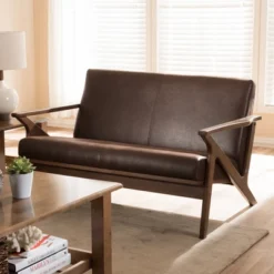 Bianca Mid-Modern Walnut Wood Distressed Faux Leather 2 Seater Loveseat Dark Brown - Baxton Studio -Outlet Baxton Studio Store GUEST cb9850fb ca10 4e42 8bde d6844820136b