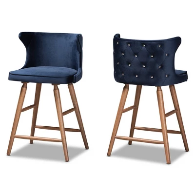 2pc Sagira Velvet Fabric Upholstered And Wood Counter Height Barstool Set - Baxton Studio 9 2pc Sagira Velvet Fabric Upholstered And Wood Counter Height Barstool Set - Baxton Studio - Image 9