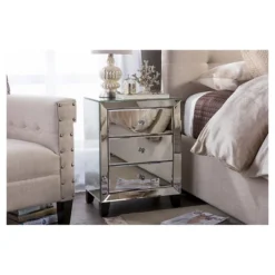 Chevron Modern And Contemporary Hollywood Regency Glamour Style Mirrored 3 - Drawers Nightstand Bedside Table - Baxton Studio -Outlet Baxton Studio Store GUEST ced9500b a9ca 493a 9727 a17c277b715a