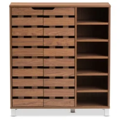 Shirley Modern And Contemporary 2 - Door Shoe Cabinet With Open Shelves - Walnut Brown - Baxton Studio