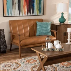 Nikko Mid-Century Faux Leather Upholstered Wood Loveseat Walnut/Brown - Baxton Studio -Outlet Baxton Studio Store GUEST d1496ae9 9e7b 4c99 a39c b224c1b080f8