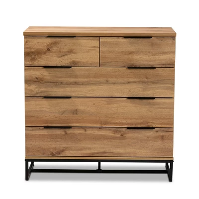 Franklin Wood And Metal 5 Drawer Bedroom Chest Oak/Black - Baxton Studio 2 Franklin Wood And Metal 5 Drawer Bedroom Chest Oak/Black - Baxton Studio - Image 2