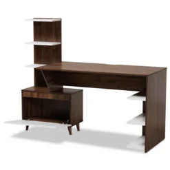 Tobias Two-Tone Wood Storage Computer Desk With Shelves Walnut - Baxton Studio