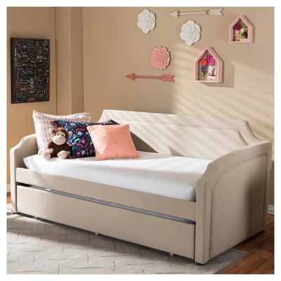 Parkson Modern And Contemporary Linen Fabric Curved Notched Corners Sofa Daybed With Roll - Out Trundle Guest Bed - Twin - Baxton Studio 8 Parkson Modern And Contemporary Linen Fabric Curved Notched Corners Sofa Daybed With Roll - Out Trundle Guest Bed - Twin - Baxton Studio - Image 8