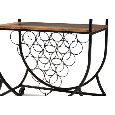 Dania Antique Vintage Industrial Metal And Wood Mobile Wine Bar Cart Black/Walnut - Baxton Studio 4 Dania Antique Vintage Industrial Metal And Wood Mobile Wine Bar Cart Black/Walnut - Baxton Studio - Image 4