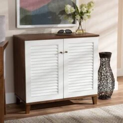 Coolidge 4 Shelf Wood Shoe Cabinet White/Walnut - Baxton Studio -Outlet Baxton Studio Store GUEST d9c413da 31fb 4aae 9575 05fc6269dd3b