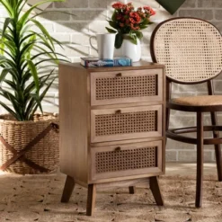 Baden Wood With Rattan 3 Drawer Nightstand Walnut Brown - Baxton Studio -Outlet Baxton Studio Store GUEST db9ff764 236c 4b65 86f0 aef389ef3331