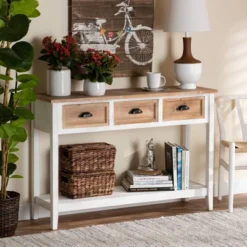 Benedict Two-Tone Wood 3 Drawer Console Table White/Oak - Baxton Studio -Outlet Baxton Studio Store GUEST dc427962 3b5f 485c b446 14f39b8df1d0