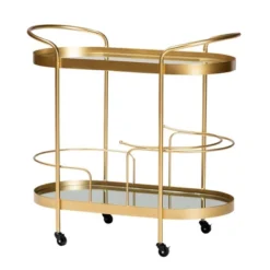 Kamal Glam Brushed Metal And Mirrored Glass 2 Tier Mobile Wine Bar Cart Gold - Baxton Studio -Outlet Baxton Studio Store GUEST de442c1b 7362 4bd1 8b2e ff4632c874fc