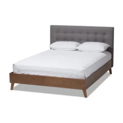 King Alinia Mid Century Retro Modern Fabric Upholstered Walnut Wood Platform Bed - Baxton Studio -Outlet Baxton Studio Store GUEST e131bb14 8704 4a51 80a5 b62223f29892