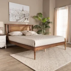 Jamila Wood And Synthetic Rattan Platform Bed Walnut Brown - Baxton Studio -Outlet Baxton Studio Store GUEST e15f00e4 7db2 4926 9b7c 9f57230b8333