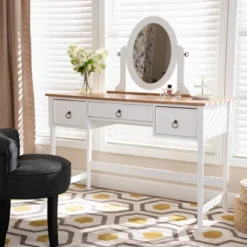 3 Drawer Sylvie Wood Vanity Table With Mirror White - Baxton Studio -Outlet Baxton Studio Store GUEST e51994b1 59f2 4bee 8332 faa38fda70c7