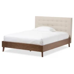 Alinia Mid-Century Retro Modern Fabric Upholstered Walnut Wood Platform Bed - Queen - Baxton Studio -Outlet Baxton Studio Store GUEST e7a4064b dfaf 4da7 9d3a f6de96a2458d