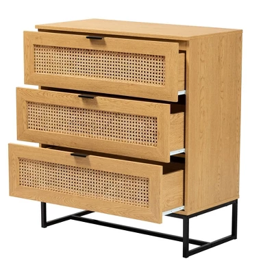 Sawyer Wood And Metal 3 Drawer Storage Cabinet With Natural Rattan Oak Brown/Black - Baxton Studio 2 Sawyer Wood And Metal 3 Drawer Storage Cabinet With Natural Rattan Oak Brown/Black - Baxton Studio - Image 2