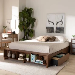 Arthur Wood Platform Bed With Built-In Shelves Ash Walnut - Baxton Studio -Outlet Baxton Studio Store GUEST eec49273 2bf2 4b39 9e85 d742db1ea1c3