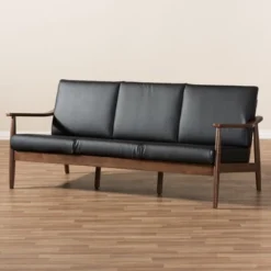 Venza Mid-Modern Walnut Wood Faux Leather 3 Seater Sofa Black - Baxton Studio -Outlet Baxton Studio Store GUEST f16218f9 5a18 4a1a a1dd 412e20eb8d76