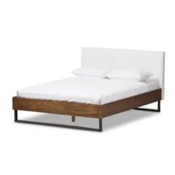 King Mitchell Rustic Industrial Walnut Wood And Faux Leather Metal Platform Bed White - Baxton Studio
