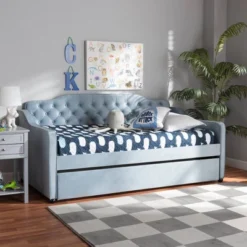 Twin Freda Velvet Tufted Daybed With Trundle Light Blue - Baxton Studio -Outlet Baxton Studio Store GUEST f5808d0e 06ca 4920 acbf e285c1f909f1