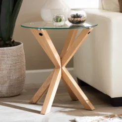 Lida Glass And Wood Finished End Table Clear/Natural - Baxton Studio -Outlet Baxton Studio Store GUEST f5b19da8 0647 4fb9 be49 0ac4e9ee36c7