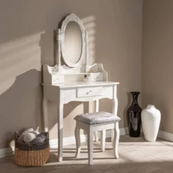 2pc Veronique White Finished Wood Vanity Table With Mirror And Ottoman White - Baxton Studio -Outlet Baxton Studio Store GUEST f863a476 0be8 4088 944d 7ddd20db8cfa
