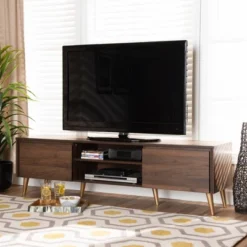 Landen Mid-Century Modern Wood TV Stand For TVs Up To 65" Walnut/Gold/Brown - Baxton Studio -Outlet Baxton Studio Store GUEST f9393a71 1709 40cc b6b3 ccb3d046873e